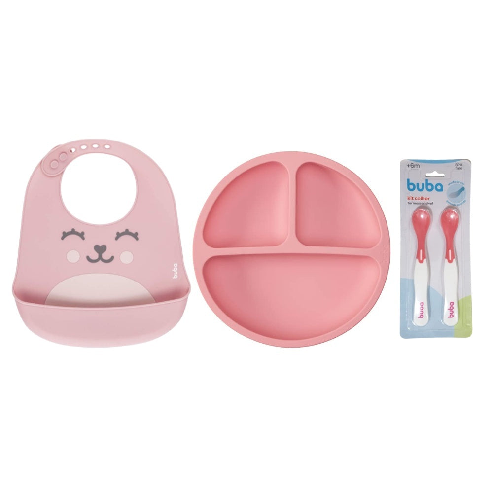Kit Introdução Alimentar Silicone Buba com Prato de Silicone com Ventosas e Divisória Buba + Babador de Silicone com Peg