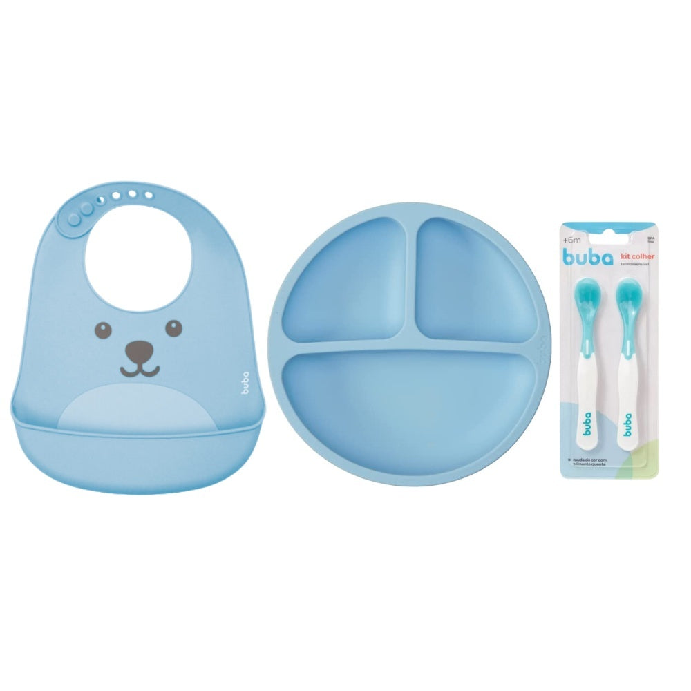 Kit Introdução Alimentar Silicone Buba com Prato de Silicone com Ventosas e Divisória Buba + Babador de Silicone com Peg