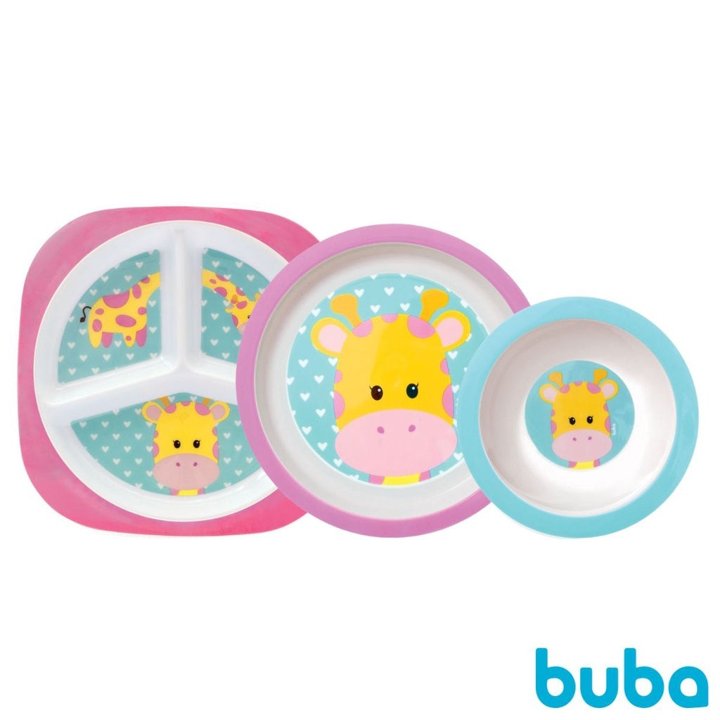 Kit Refeição Introdução Alimentar Buba 3 peças, Prato com Divisórias, Prato Raso e Prato Bowl Tigelinha Animal Fun Leão