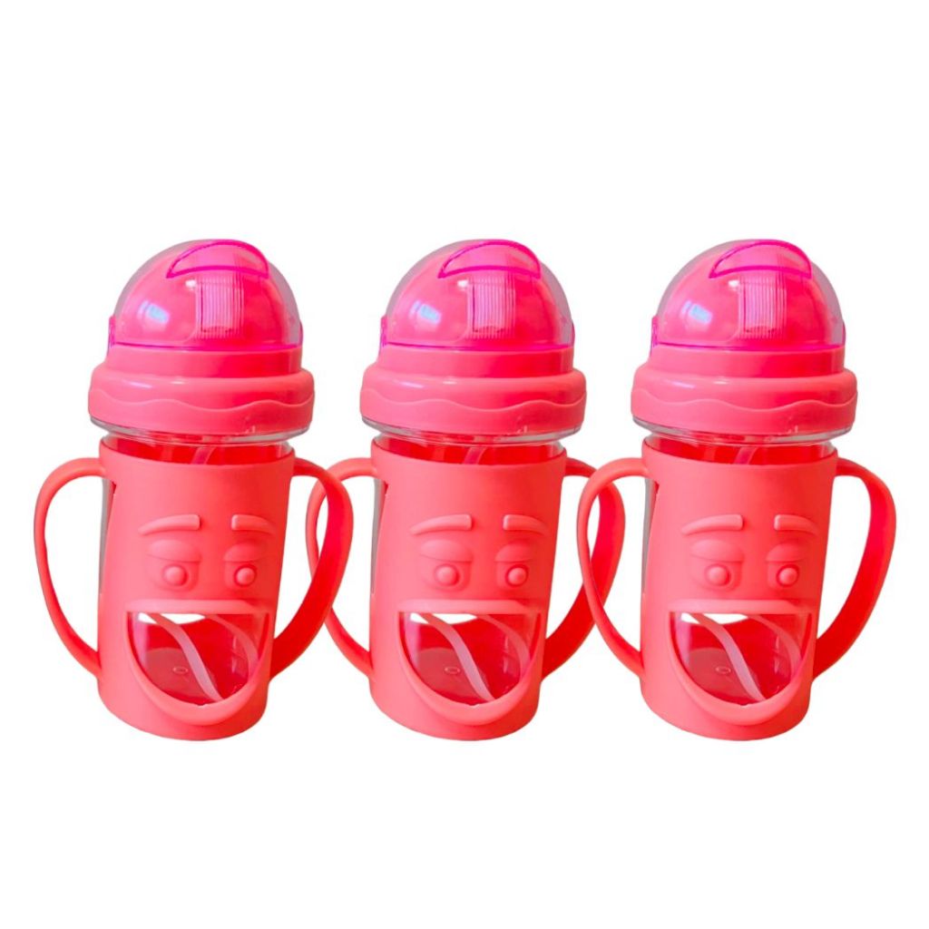 Copo Infantil com Alça para Bebê e Crianças, Garrafa De Água Com Tampa E Canudo de Silicone com Alça 320ml Rosa