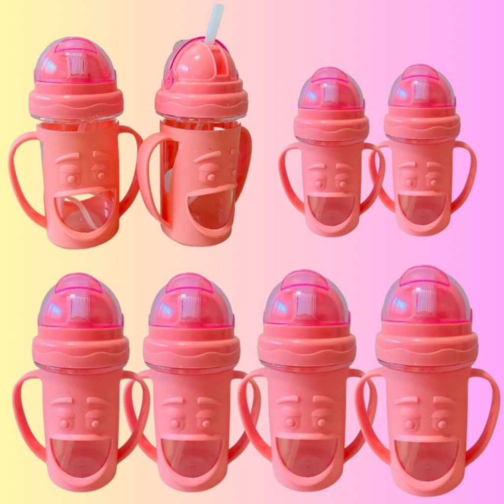 Copo Infantil com Alça para Bebê e Crianças, Garrafa De Água Com Tampa E Canudo de Silicone com Alça 320ml Rosa
