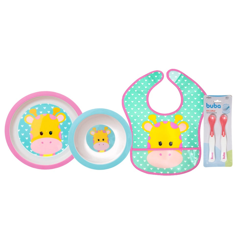 Kit Introdução Alimentar Buba Animal Fun com Pratinho Infantil Raso, Pratinho Bowl Fundo (tigelinha), Babador Impermeáve