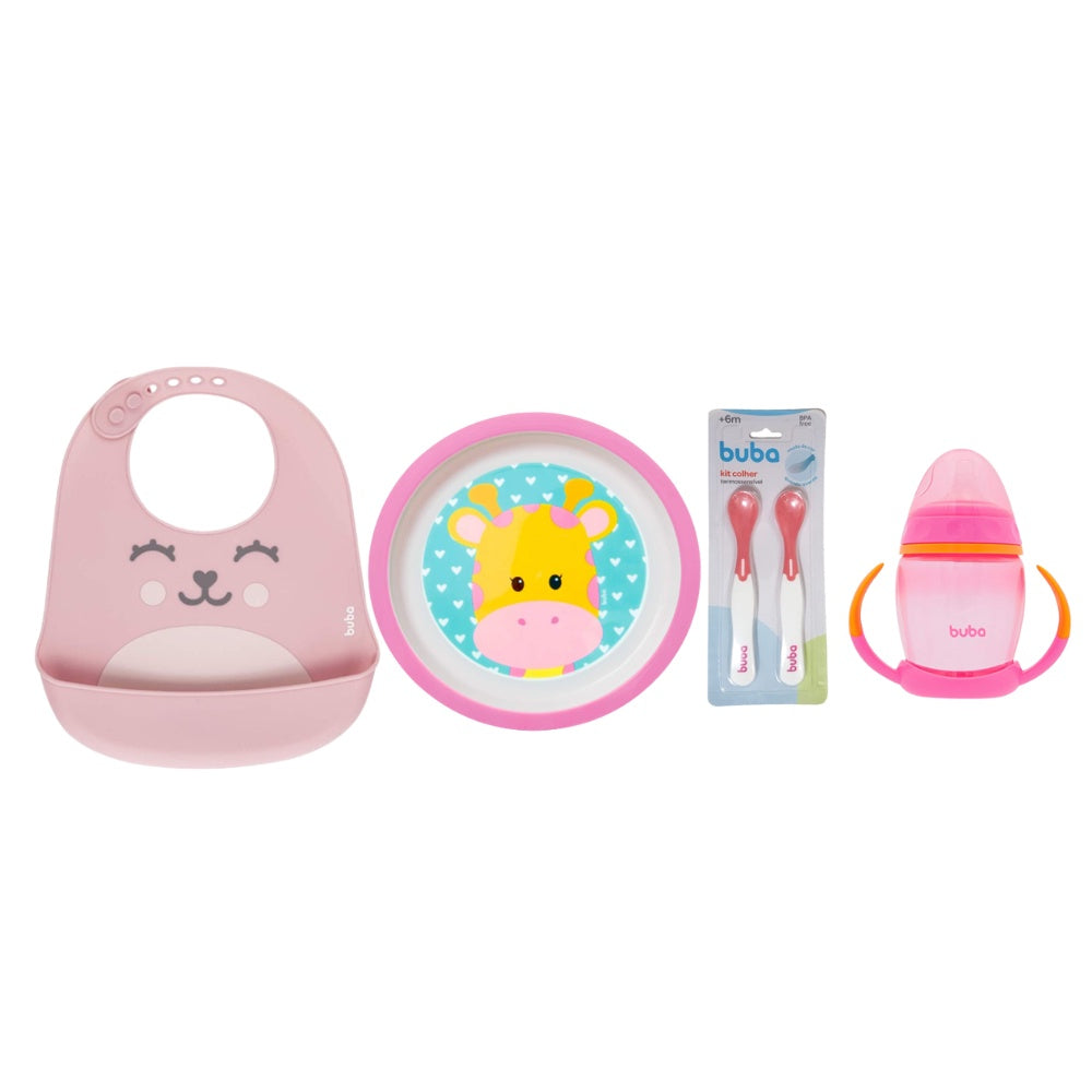 Kit Introdução Alimentar Buba com Prato Raso, Babador de Silicone, Colheres Termossensíveis e Copo de Treinamento