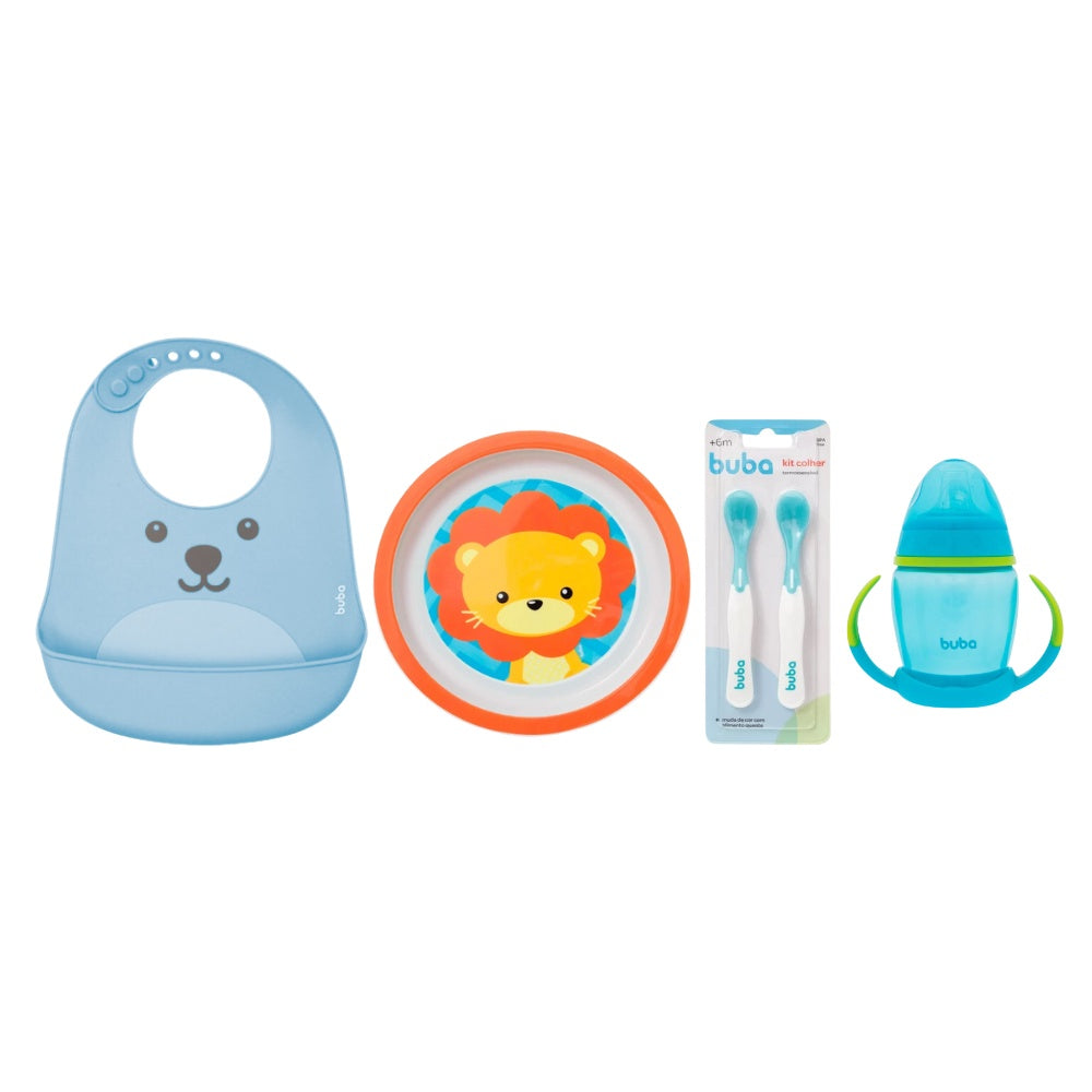 Kit Introdução Alimentar Buba com Prato Raso, Babador de Silicone, Colheres Termossensíveis e Copo de Treinamento