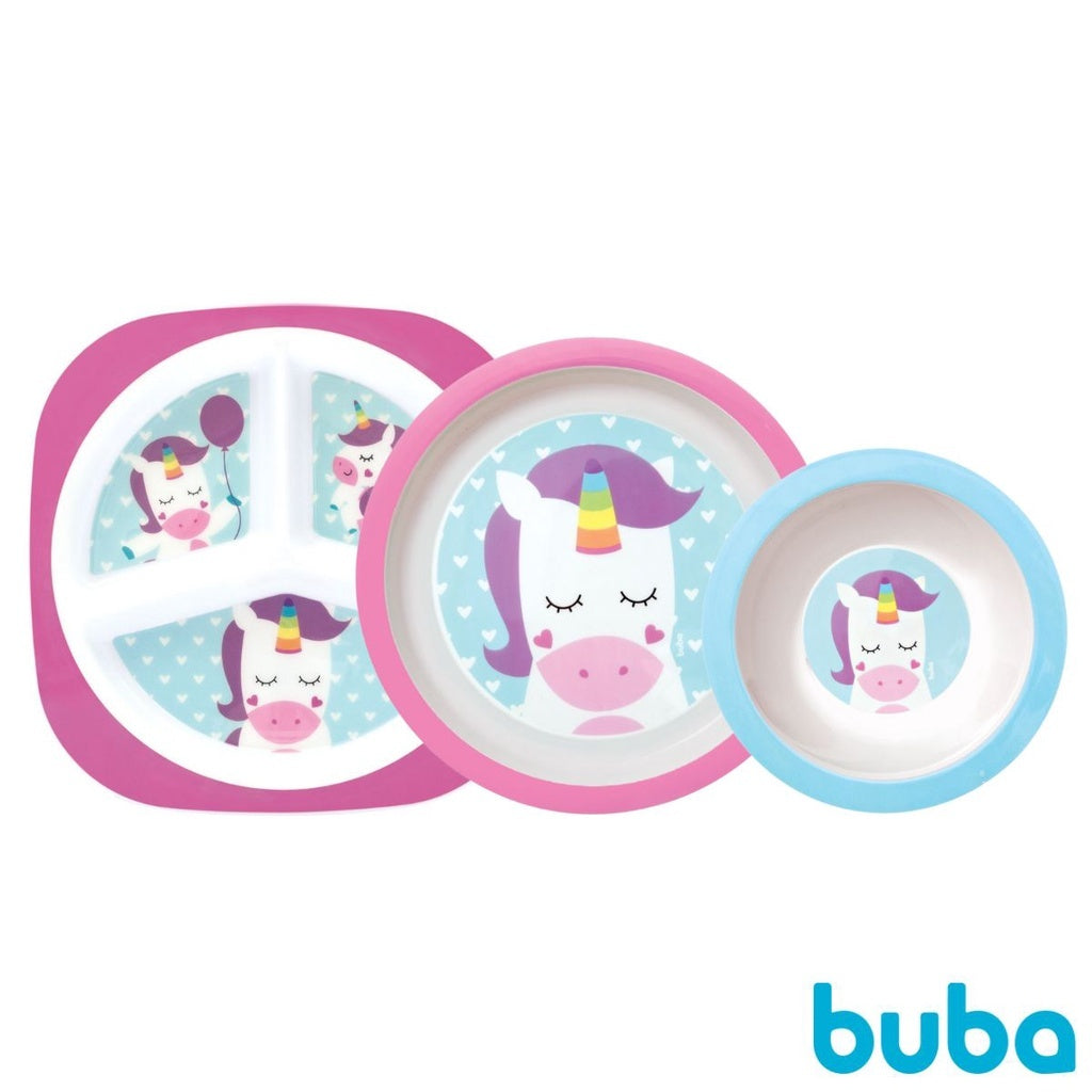 Kit Refeição Introdução Alimentar Buba 3 peças, Prato com Divisórias, Prato Raso e Prato Bowl Tigelinha Animal Fun Leão