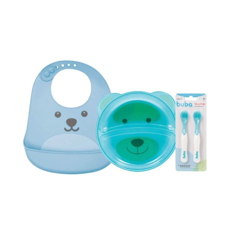 Kit Introdução Alimentar Bebê Buba com Prato Infantil com Divisória, Kit Colher 2 Colheres Termossensível e Babador Sili