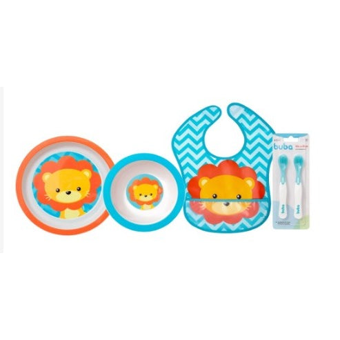 Kit Introdução Alimentar Buba Animal Fun com Pratinho Infantil Raso, Pratinho Bowl Fundo (tigelinha), Babador Impermeáve