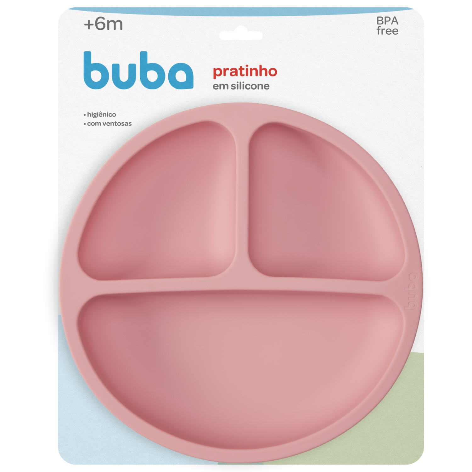 Prato Silicone com Ventosas e Divisórias Buba Rosa