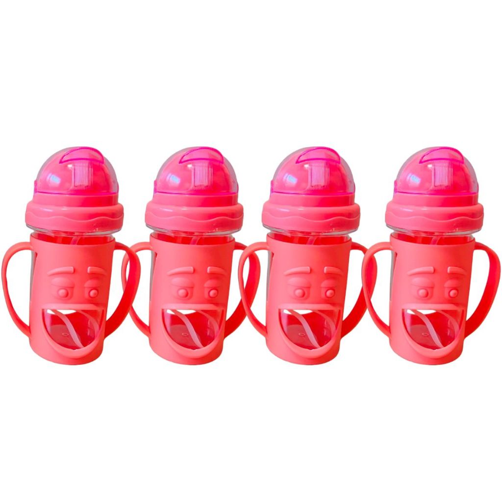 Copo Infantil com Alça para Bebê e Crianças, Garrafa De Água Com Tampa E Canudo de Silicone com Alça 320ml Rosa