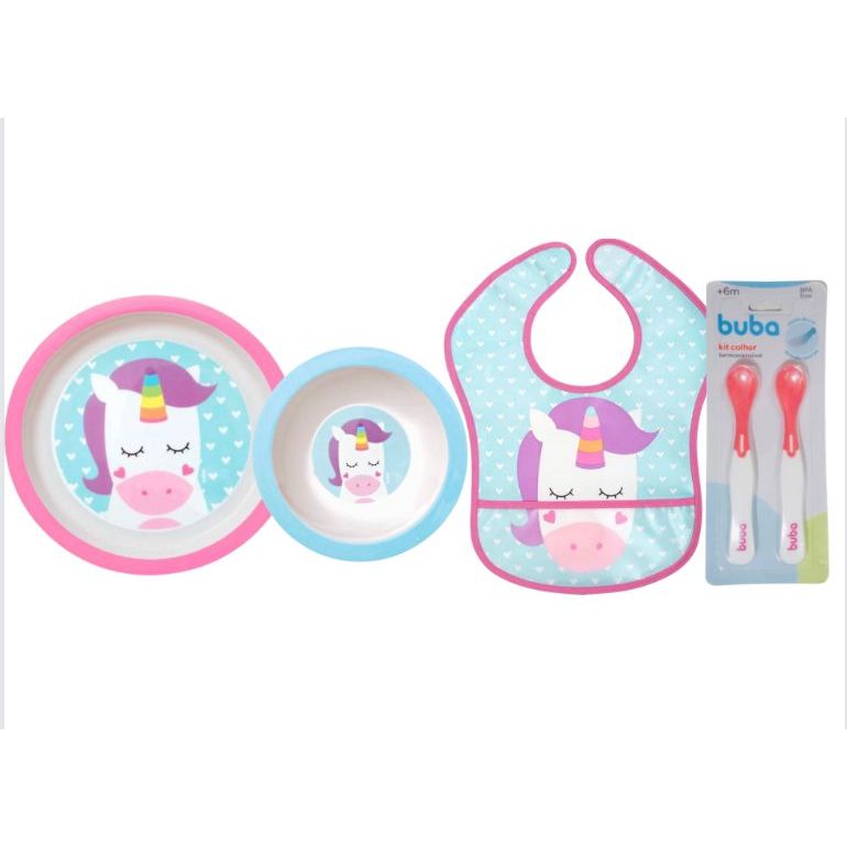 Kit Introdução Alimentar Buba Animal Fun com Pratinho Infantil Raso, Pratinho Bowl Fundo (tigelinha), Babador Impermeáve
