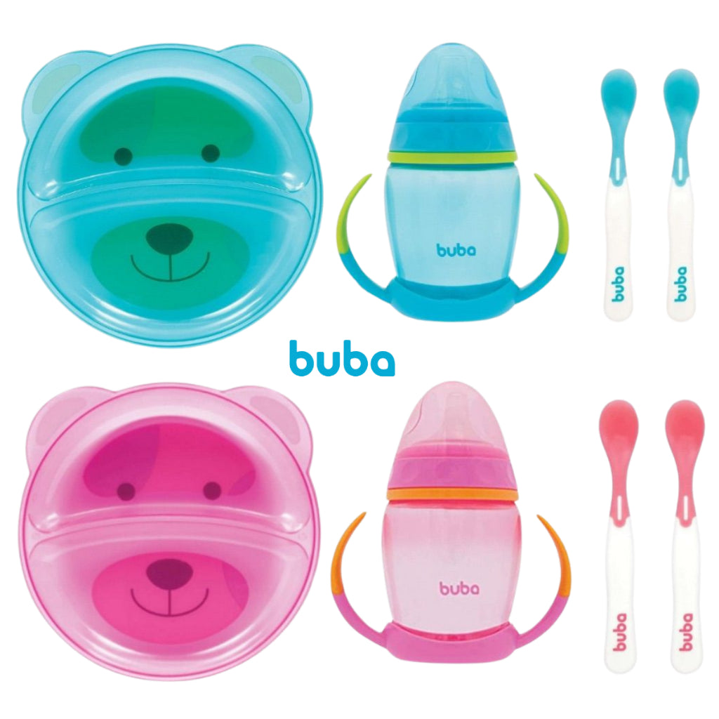 Kit Alimentação Buba com Prato de Urso Infantil com Divisórias + Copo de treinamento com Bico de Silicone + Kit Colheres Termossensíveis