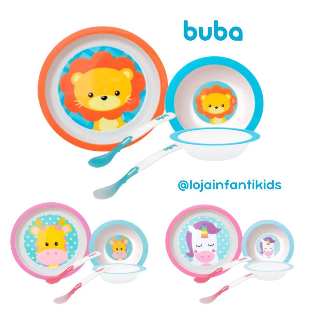 Kit 2 pratinhos + 2 colheres Termossensível Buba - Kit Alimentação Refeição prato bowl tigelinha prato raso / Kit Introd