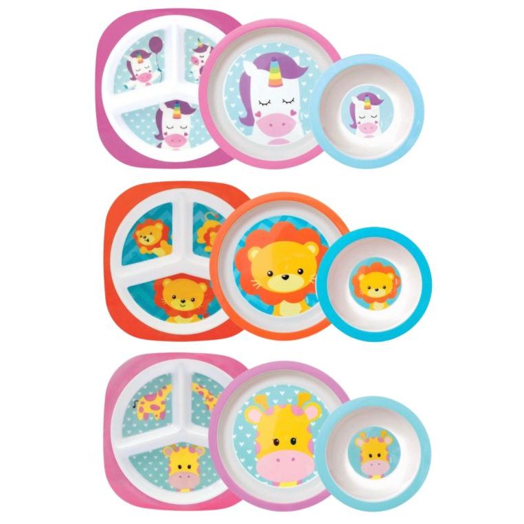 Kit Refeição Introdução Alimentar Buba 3 peças, Prato com Divisórias, Prato Raso e Prato Bowl Tigelinha Animal Fun Leão