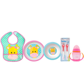 Kit Introdução Alimentar Buba com Prato Raso, Prato Fundo (bowl), Babador Impermeável animal fun, kit Colher Termossenss