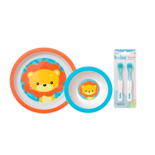 Kit 2 pratinhos + 2 colheres Termossensível Buba - Kit Alimentação Refeição prato bowl tigelinha prato raso / Kit Introd