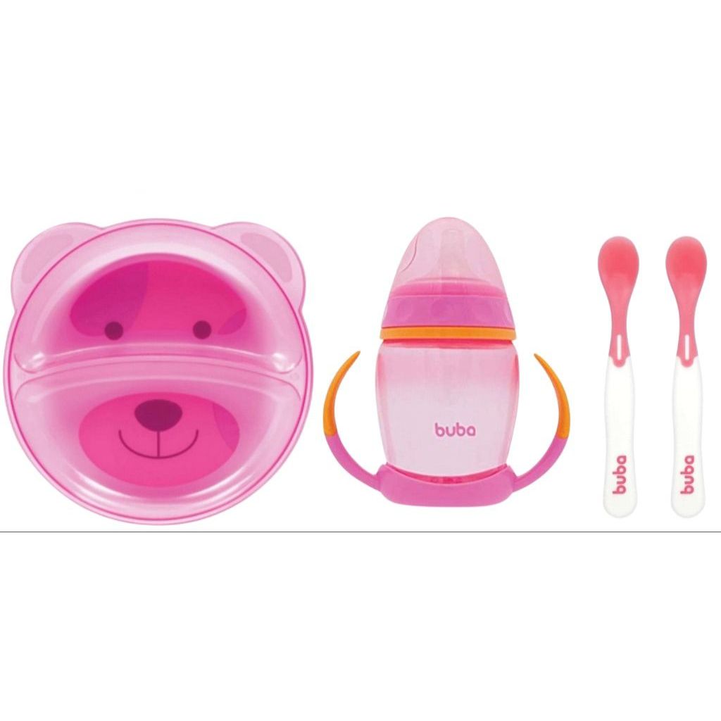 Kit Alimentação Buba com Prato de Urso Infantil com Divisórias + Copo de treinamento com Bico de Silicone + Kit Colheres Termossensíveis
