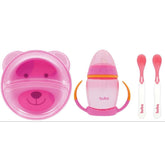 Kit Alimentação Buba com Prato de Urso Infantil com Divisórias + Copo de treinamento com Bico de Silicone + Kit Colheres Termossensíveis