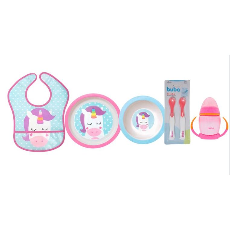 Kit Introdução Alimentar Buba com Prato Raso, Prato Fundo (bowl), Babador Impermeável animal fun, kit Colher Termossenss