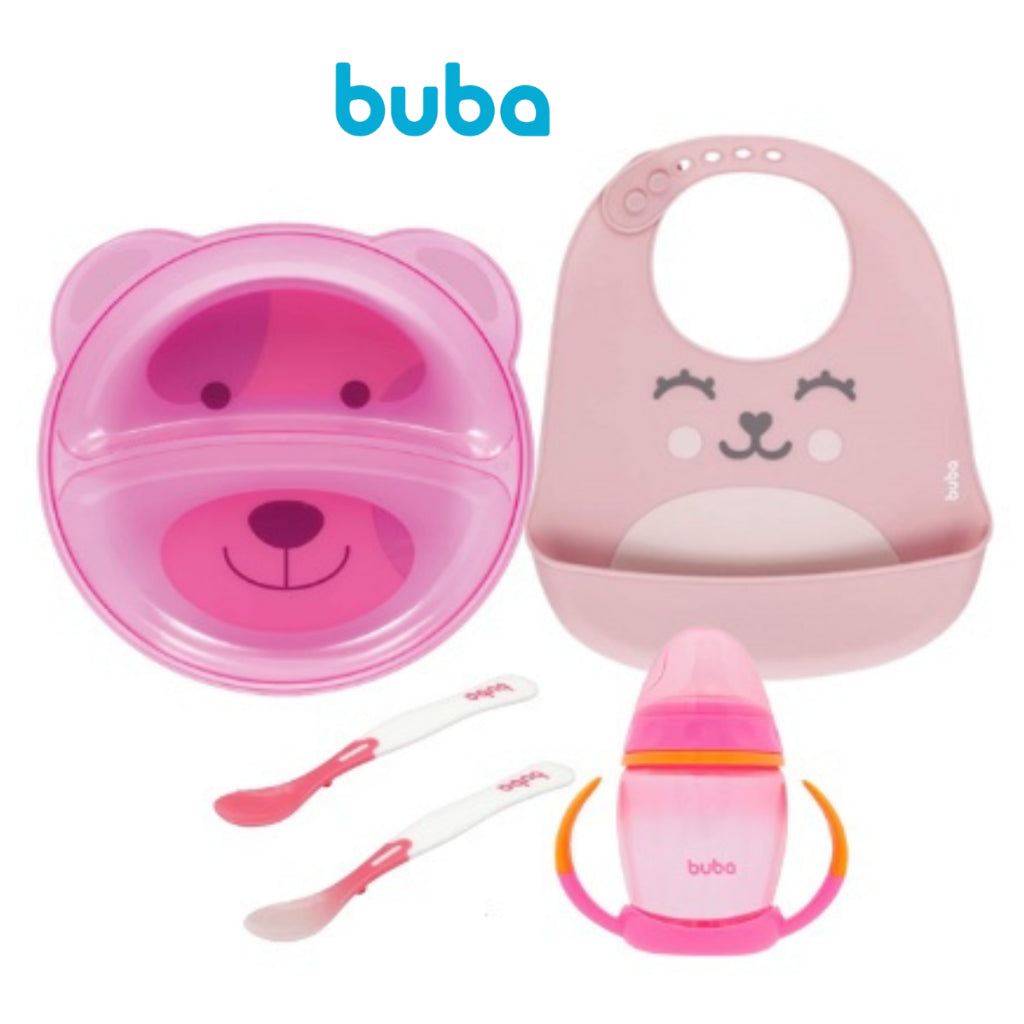 Kit Refeição/Introdução Alimentar bebê Buba (prato divisória, babador pega migalhas Gumy, 2 colheres termossensíveis, co