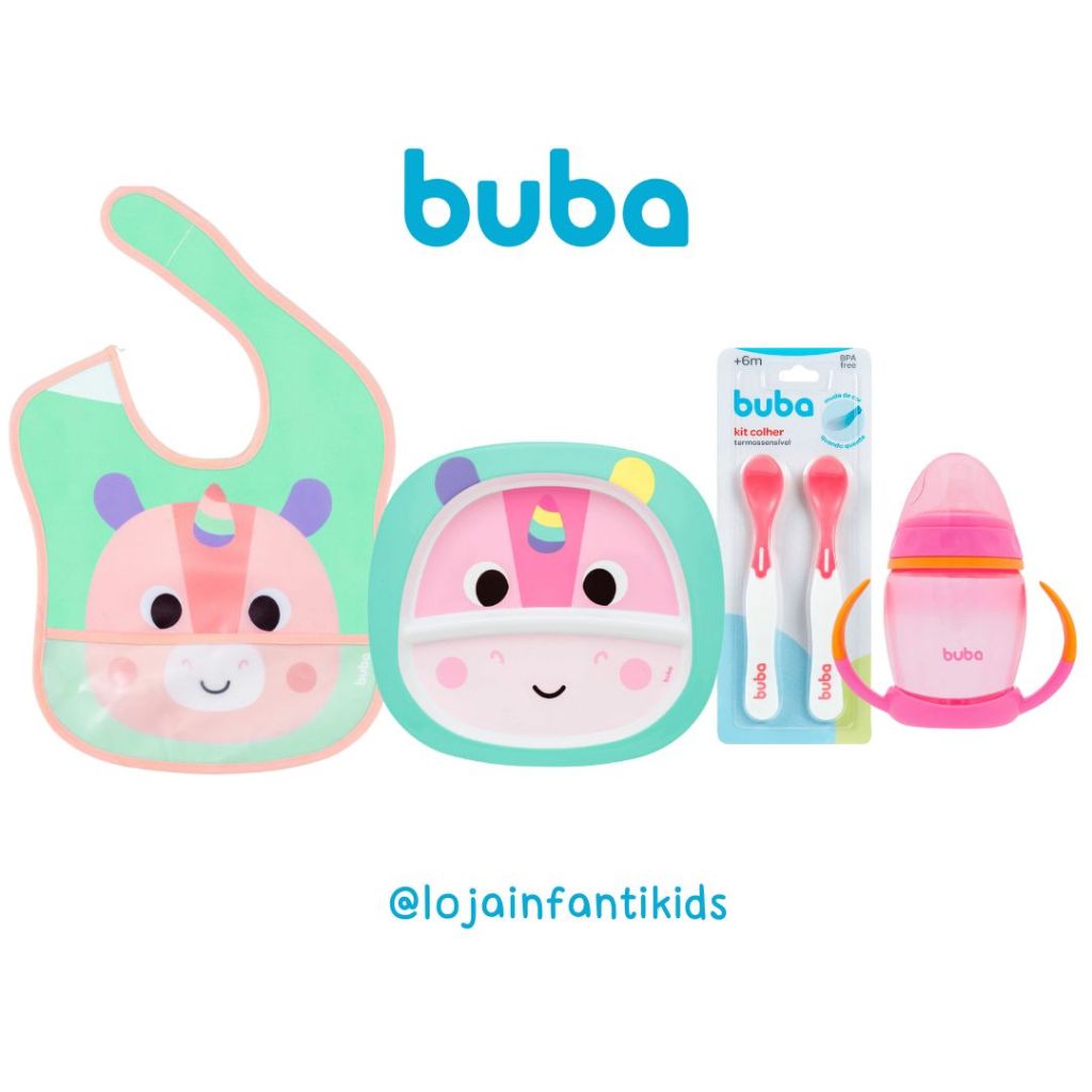 Kit Refeição Introdução Alimentar Buba (Prato Bebê com divisória, Copo bico de silicone, kit Colher, Babador Impermeável