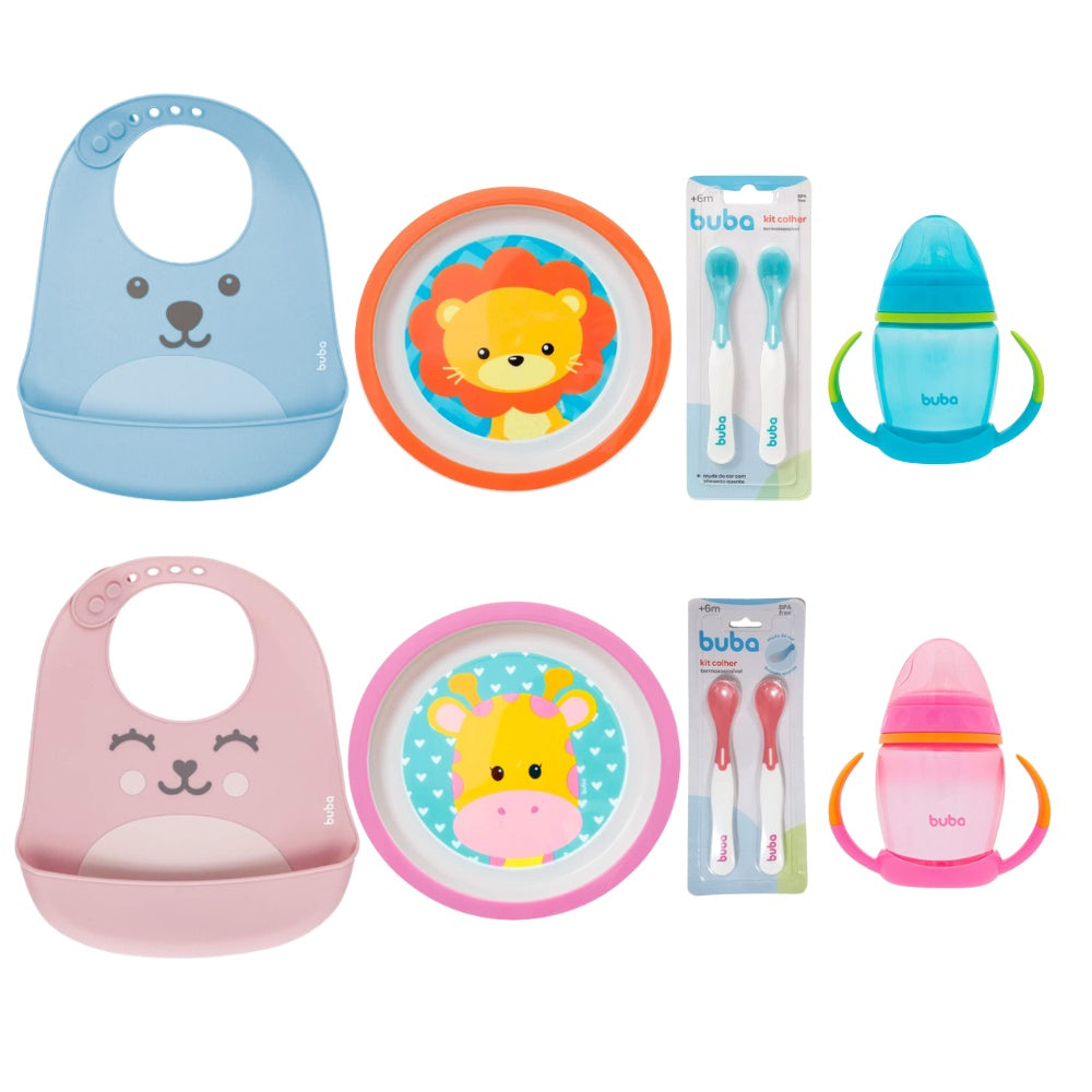Kit Introdução Alimentar Buba com Prato Raso, Babador de Silicone, Colheres Termossensíveis e Copo de Treinamento