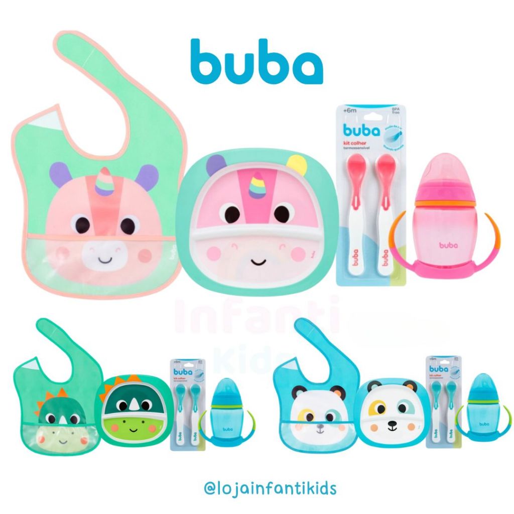 Kit Refeição Introdução Alimentar Buba (Prato Bebê com divisória, Copo bico de silicone, kit Colher, Babador Impermeável