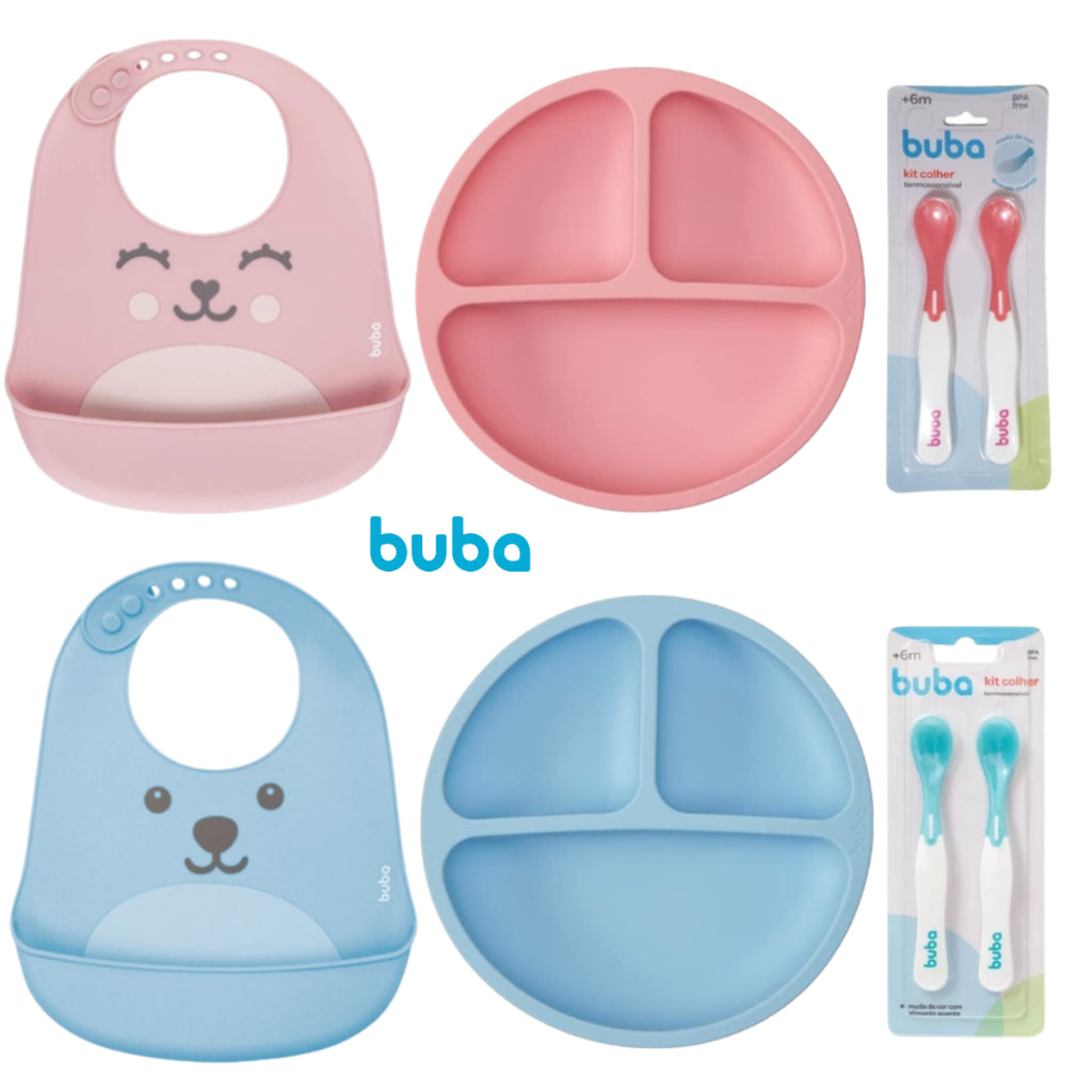 Kit Introdução Alimentar Silicone Buba com Prato de Silicone com Ventosas e Divisória Buba + Babador de Silicone com Peg