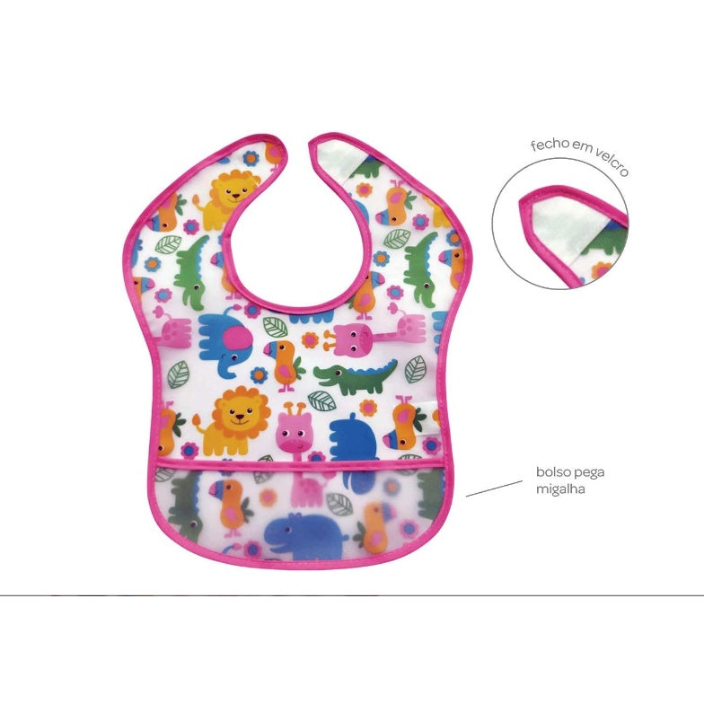 Babador De Bebê/Babador Infantil Impermeável Com bolso Pega Migalhas Safari Rosa Introdução Alimentar - Buba Menina
