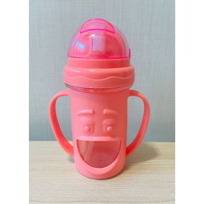 Copo Infantil com Alça para Bebê e Crianças, Garrafa De Água Com Tampa E Canudo de Silicone com Alça 320ml Rosa