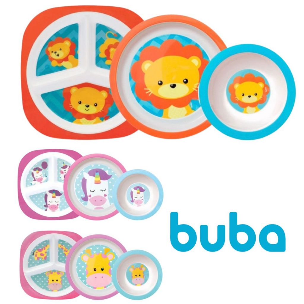Kit Refeição Introdução Alimentar Buba 3 peças, Prato com Divisórias, Prato Raso e Prato Bowl Tigelinha Animal Fun Leão