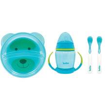 Kit Alimentação Buba com Prato de Urso Infantil com Divisórias + Copo de treinamento com Bico de Silicone + Kit Colheres Termossensíveis