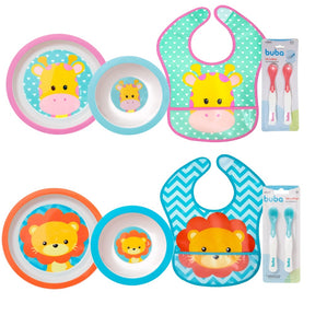 Kit Introdução Alimentar Buba Animal Fun com Pratinho Infantil Raso, Pratinho Bowl Fundo (tigelinha), Babador Impermeáve