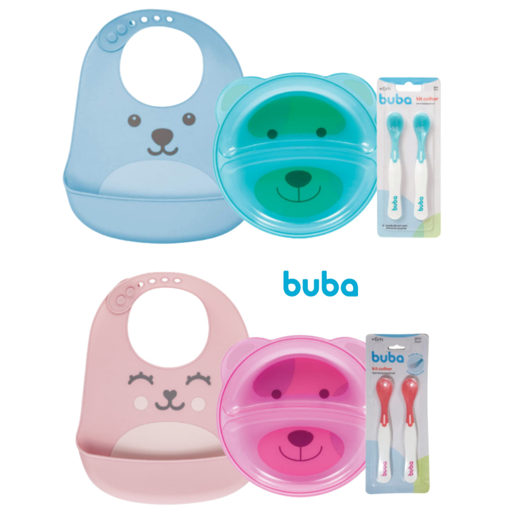Kit Introdução Alimentar Bebê Buba com Prato Infantil com Divisória, Kit Colher 2 Colheres Termossensível e Babador Sili