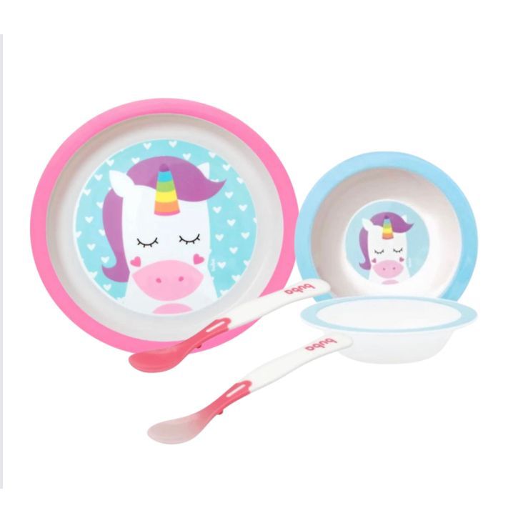Kit 2 pratinhos + 2 colheres Termossensível Buba - Kit Alimentação Refeição prato bowl tigelinha prato raso / Kit Introd