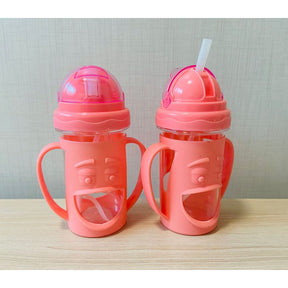 Copo Infantil com Alça para Bebê e Crianças, Garrafa De Água Com Tampa E Canudo de Silicone com Alça 320ml Rosa
