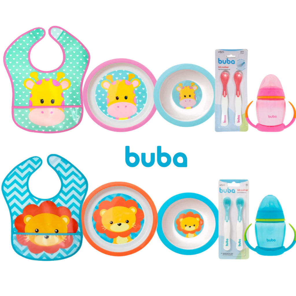 Kit Introdução Alimentar Buba com Prato Raso, Prato Fundo (bowl), Babador Impermeável animal fun, kit Colher Termossenss