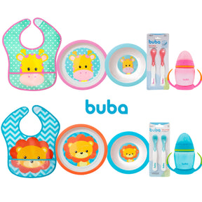 Kit Introdução Alimentar Buba com Prato Raso, Prato Fundo (bowl), Babador Impermeável animal fun, kit Colher Termossenss