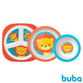 Kit Refeição Introdução Alimentar Buba 3 peças, Prato com Divisórias, Prato Raso e Prato Bowl Tigelinha Animal Fun Leão